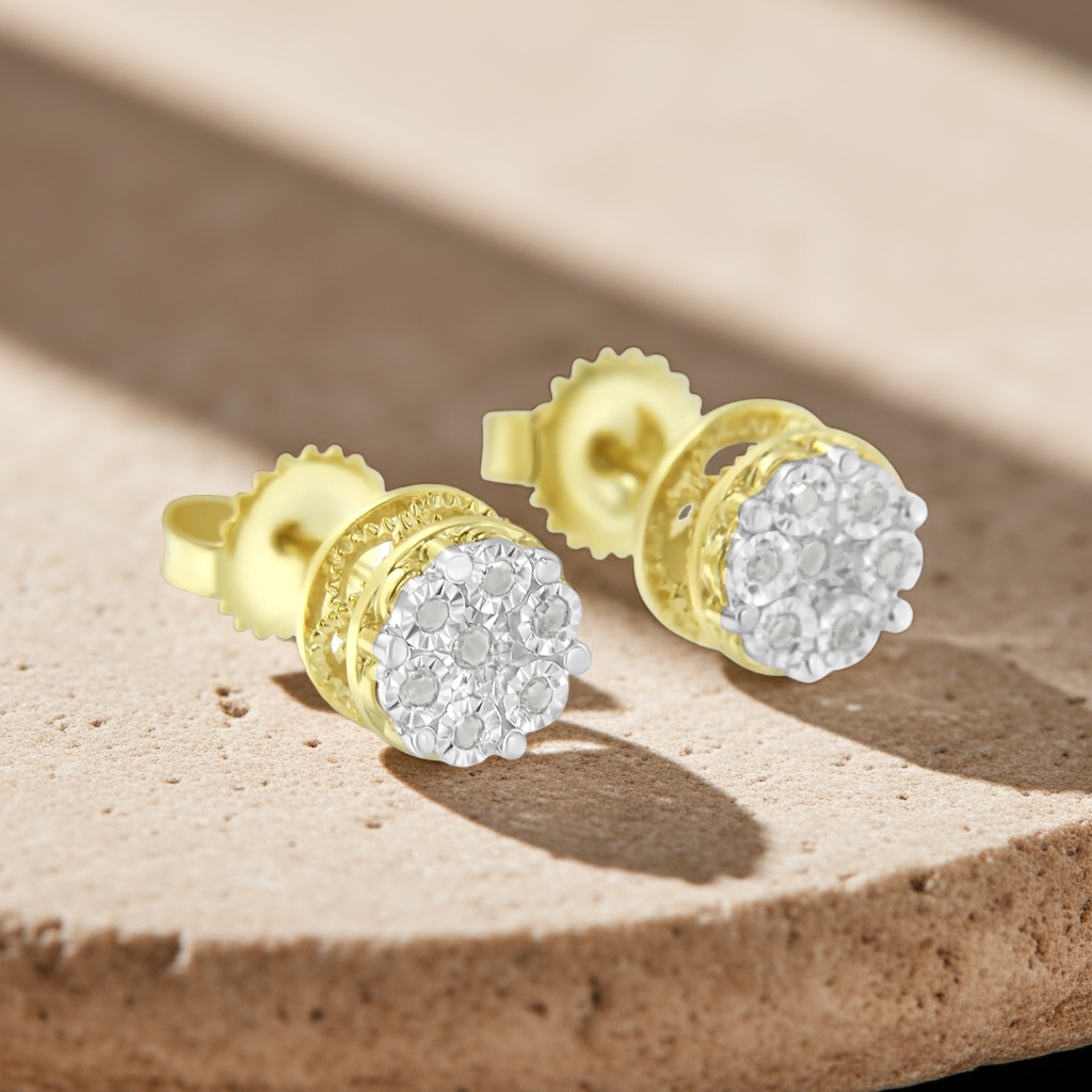 14K Yellow Gold Plated .925 Sterling Silver 1/7 Cttw Diamond Miracle Set Stud Earrings (I-J Color, I3 Promo Clarity)