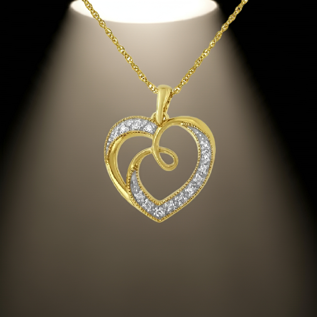 14K Yellow Gold Plated .925 Sterling Silver Diamond Accent Ribbon & Heart 18" Pendant Necklace (H-I Color, I2-I3 Clarity)