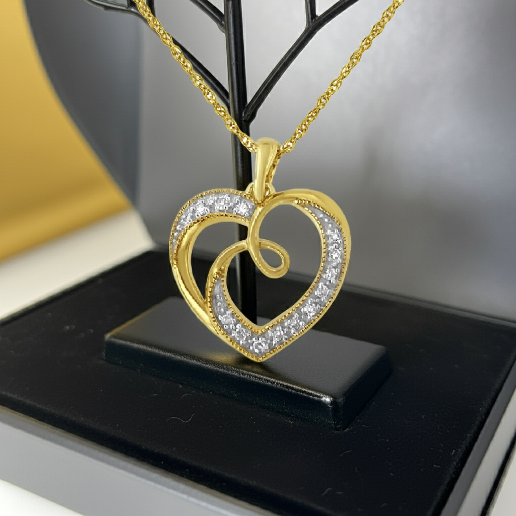 14K Yellow Gold Plated .925 Sterling Silver Diamond Accent Ribbon & Heart 18" Pendant Necklace (H-I Color, I2-I3 Clarity)
